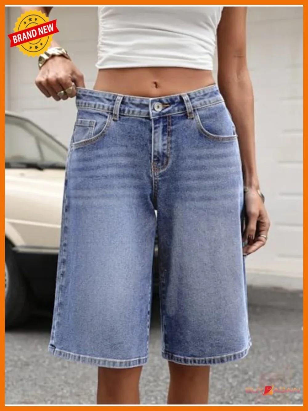 Low Rise Baggy Denim Bermuda Shorts Stretchy Knee Length Streetwear